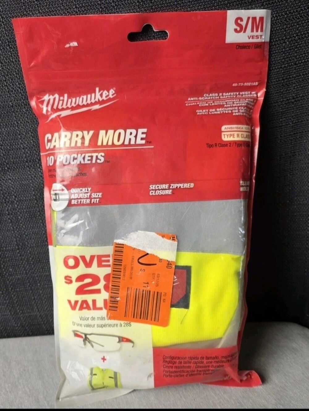 Milwaukee Carry More 10 Pockets Type R Class 2 - Safety Vest w/ Safety Glasses -